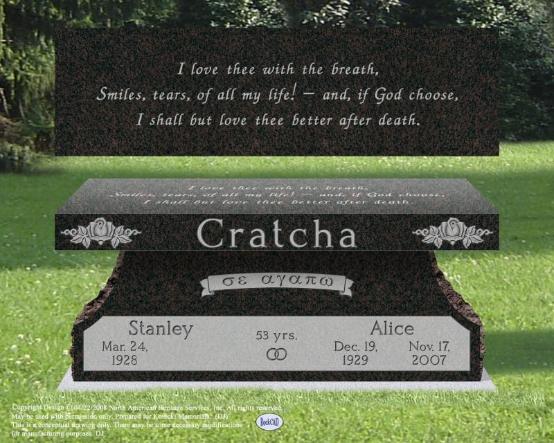 Cratcha Black Bench Headstone Memorial for Grave with Roses