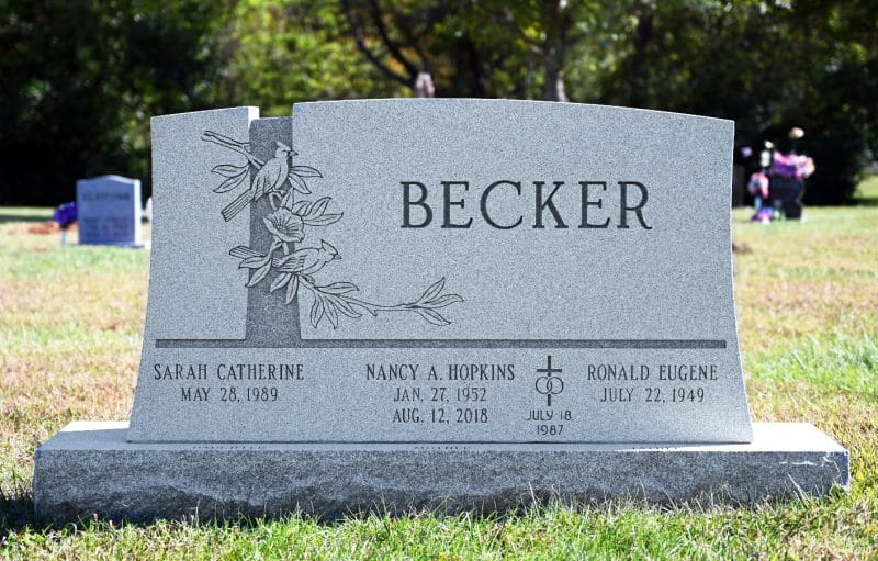Becker Beautiful Three Person Headstone with Cardinal Carving Design