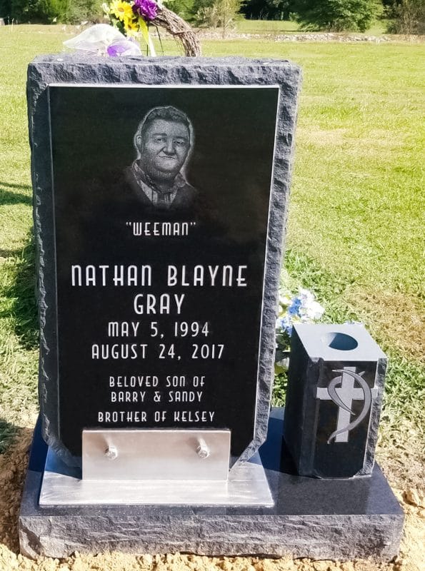 Gray Black Headstone with Etched Portrait and Metal