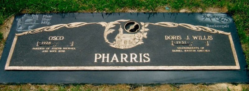 Pharris Bronze Flat Marker with Church and Beekeeper Etching